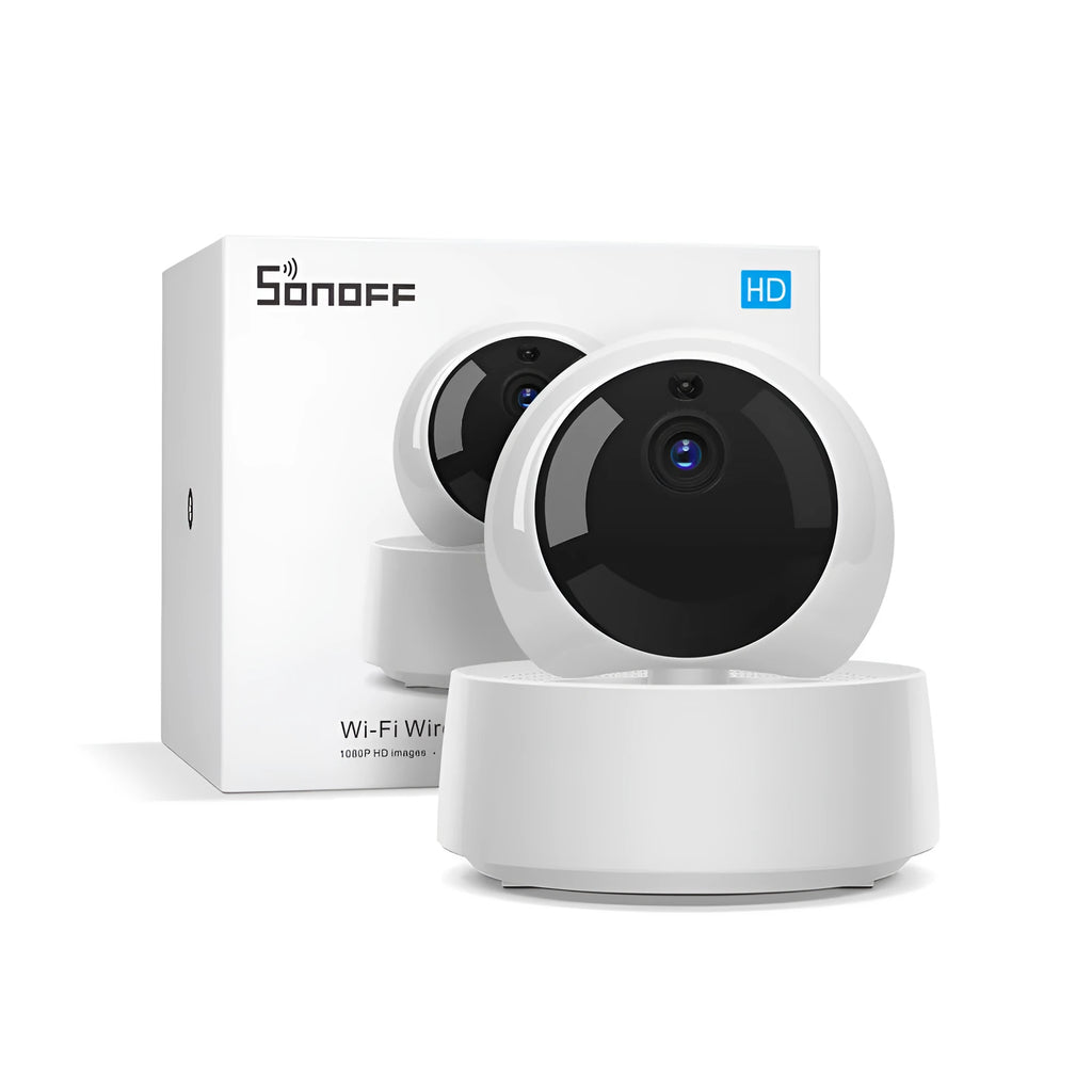 Sonoff 1080P HD WiFi indoor security camera with motion detection and 360-degree viewing angle on a white background