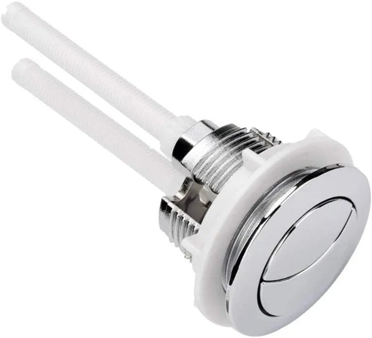 Round white ABS plastic toilet flush button with two press buttons for single or full flush control