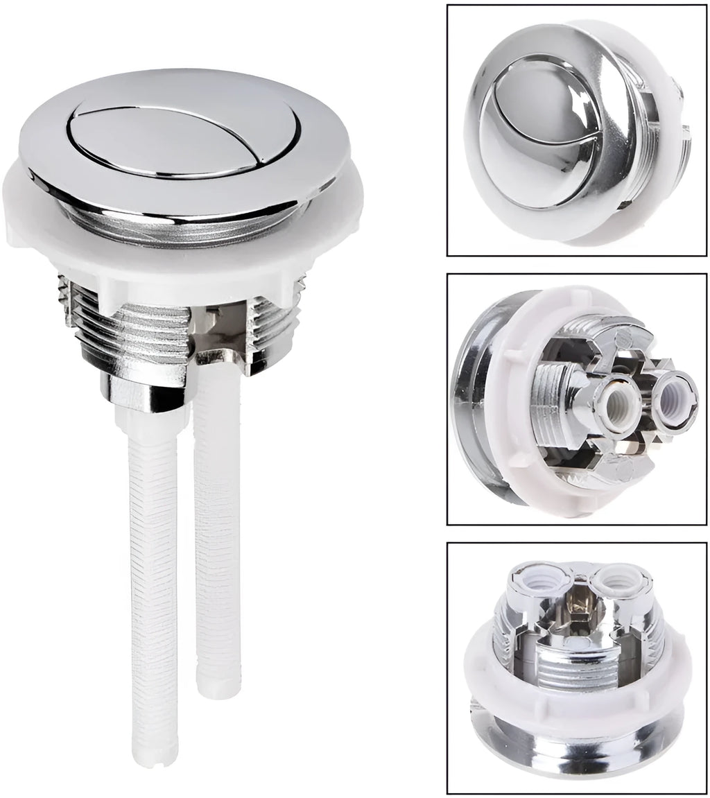 Round white ABS plastic toilet flush button with two press buttons for single or full flush control