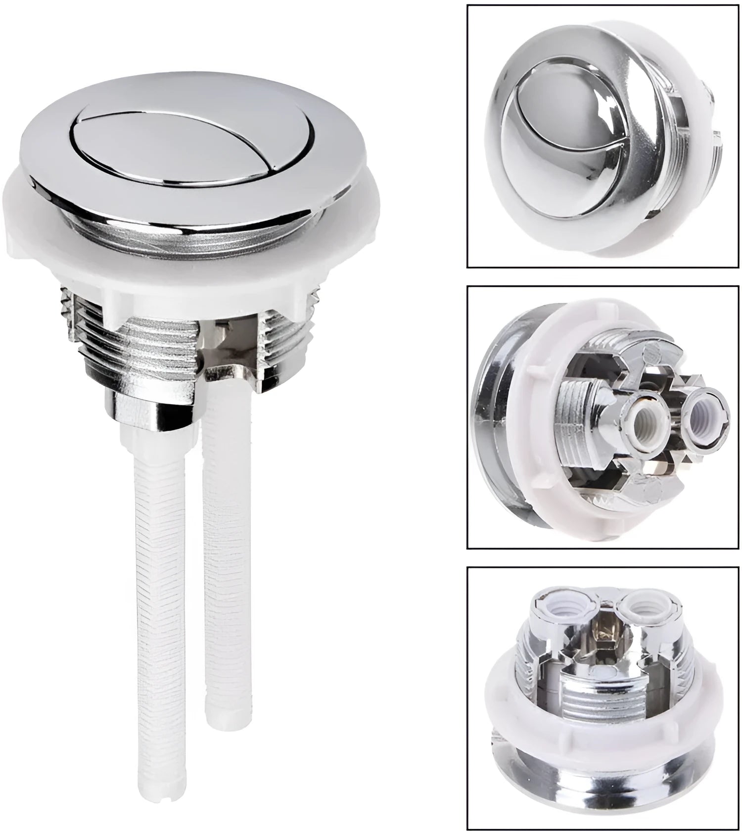Round white ABS plastic toilet flush button with two press buttons for single or full flush control
