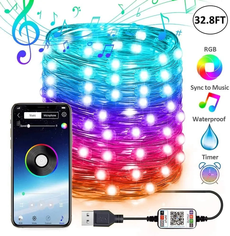 Bluetooth RGB LED Christmas tree light string 10 metres 100 beads IP65 outdoor