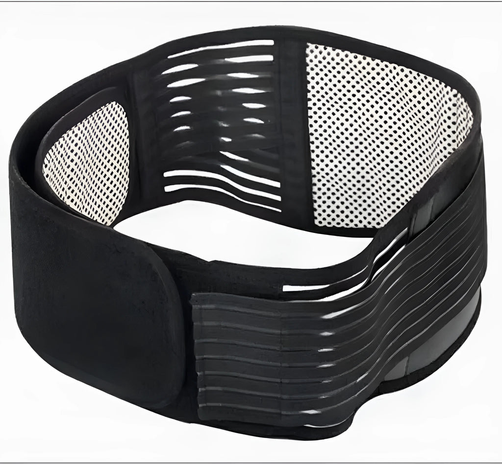 Self-heating magnetic waist protection belt in elastic cloth material showing black and beige colour options