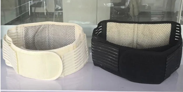 Self-heating magnetic waist protection belt in elastic cloth material showing black and beige colour options
