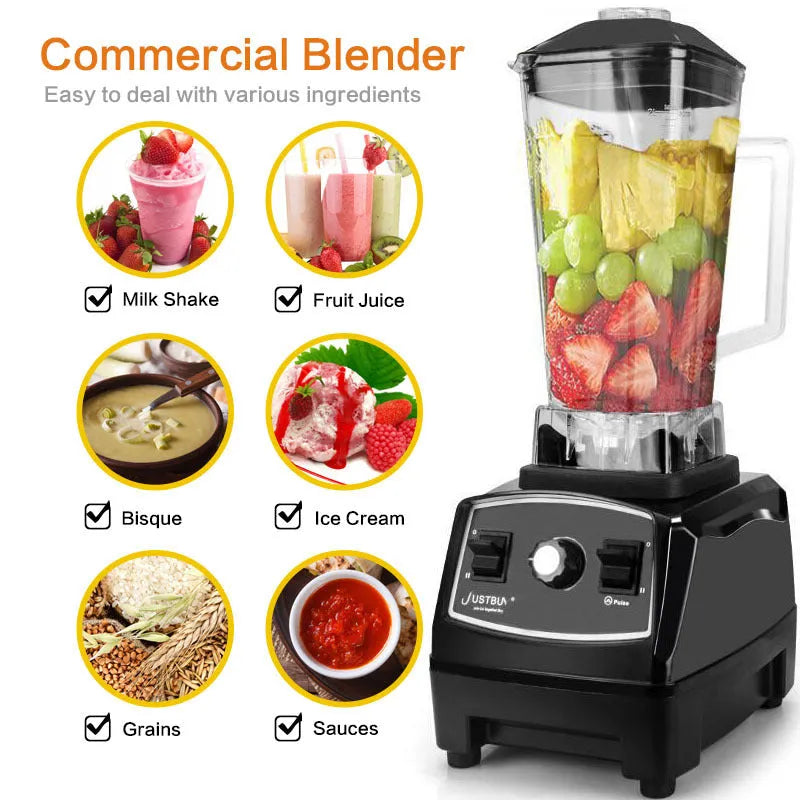 2200W black and red high-speed personal blender with 2-litre jug on a kitchen counter.