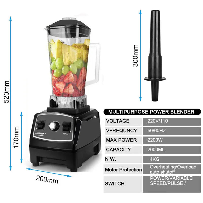 2200W black and red high-speed personal blender with 2-litre jug on a kitchen counter.