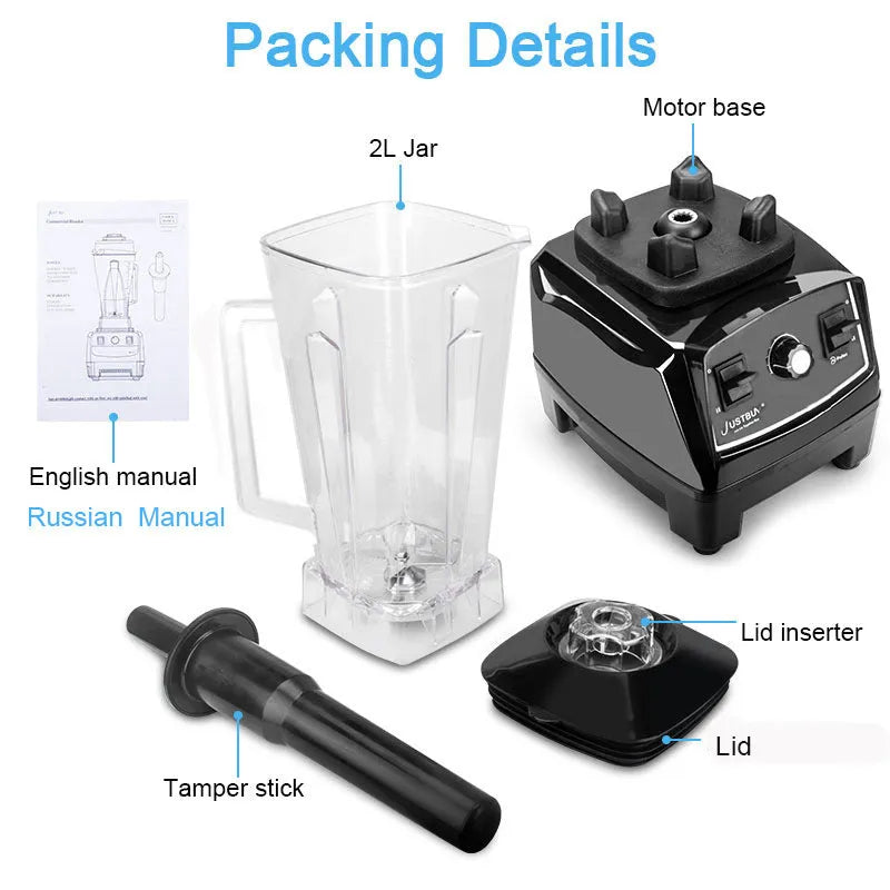 2200W black and red high-speed personal blender with 2-litre jug on a kitchen counter.