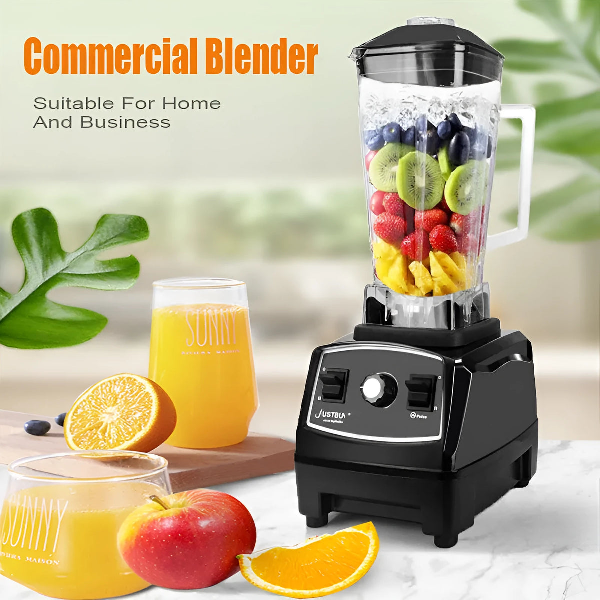 2200W black and red high-speed personal blender with 2-litre jug on a kitchen counter.