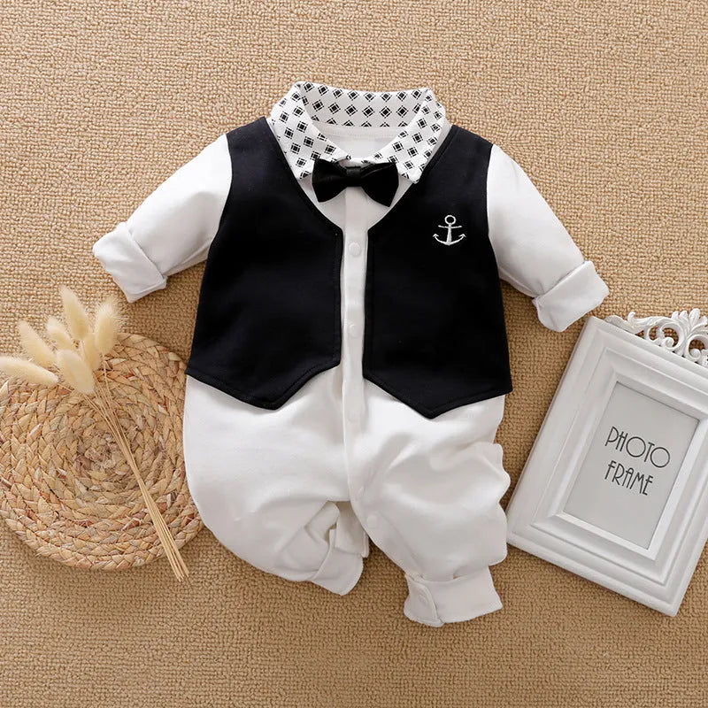 Cotton baby jumpsuit in gentleman style with long sleeves for spring and autumn wear