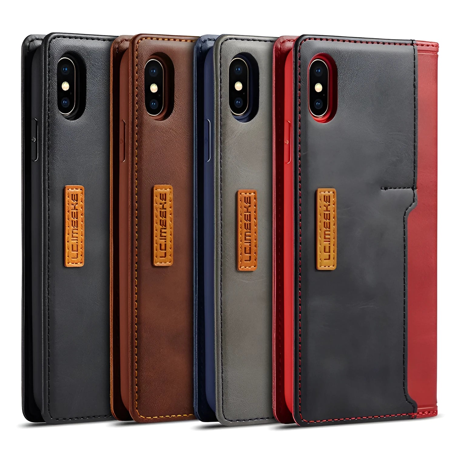 Black PU leather flip wallet iPhone case showing card slots and closed cover design