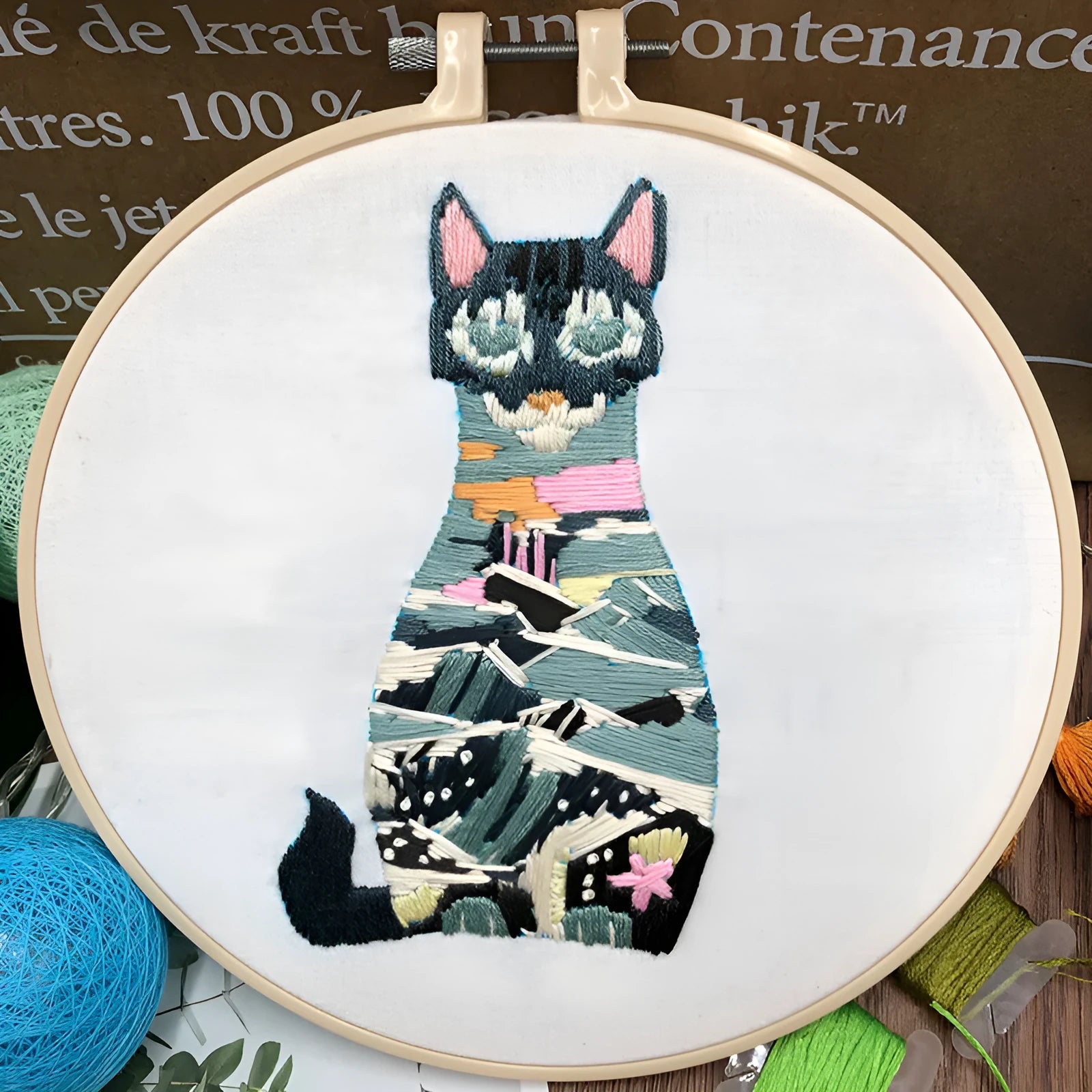 Cross stitch embroidery kit with three-dimensional cat design on cotton fabric with embroidery stretcher