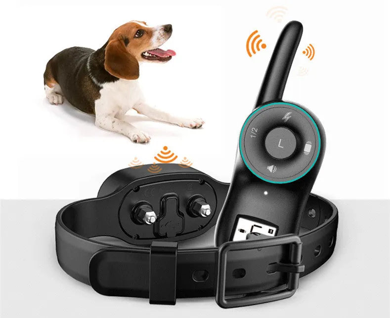 Black and orange waterproof remote dog training collar with handheld transmitter
