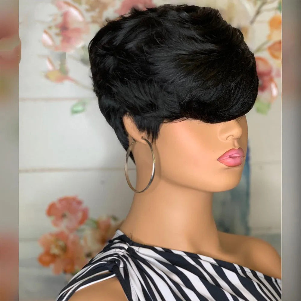 Black short fluffy straight hair wig with oblique bangs on a stand