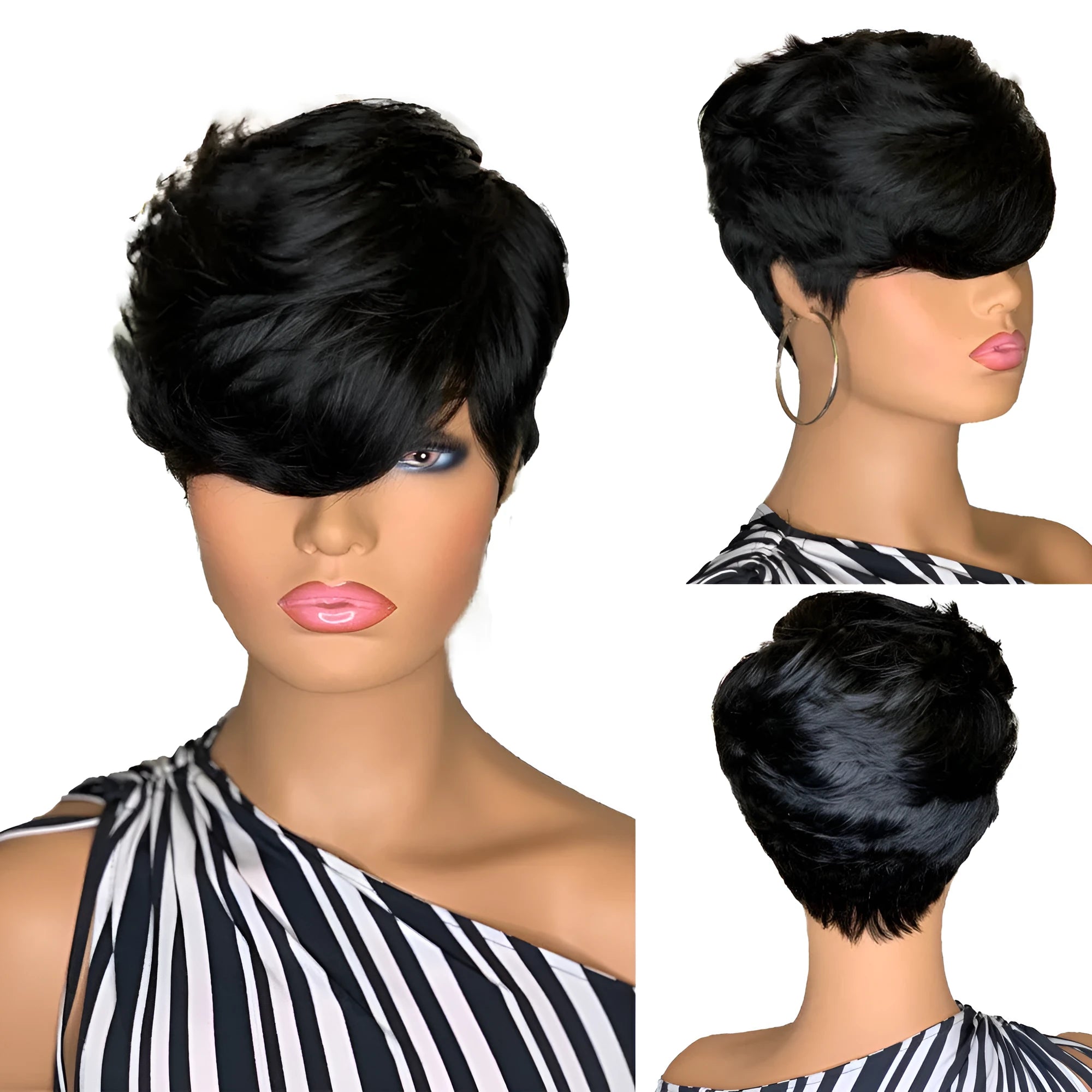 Black short fluffy straight hair wig with oblique bangs on a stand