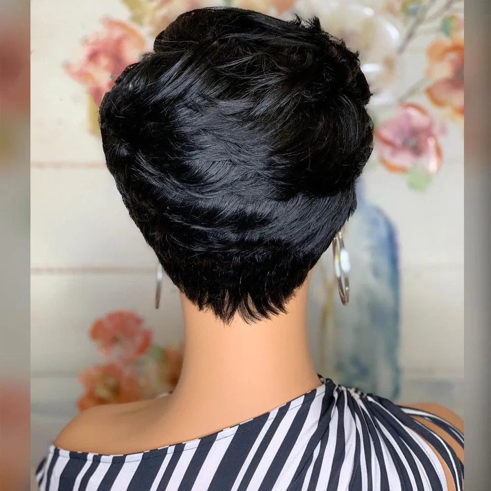 Black short fluffy straight hair wig with oblique bangs on a stand