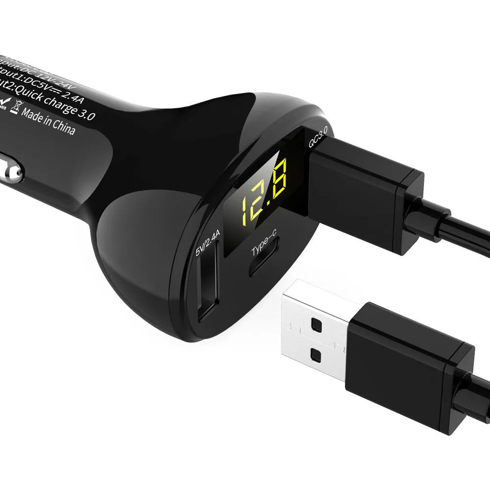 C02 digital display car charger in black ABS casing with single USB port