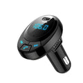 Black car Bluetooth MP3 charger with digital display and dual USB ports for vehicle use