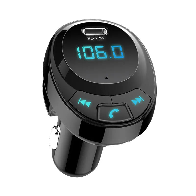 Black car Bluetooth MP3 charger with digital display and dual USB ports for vehicle use