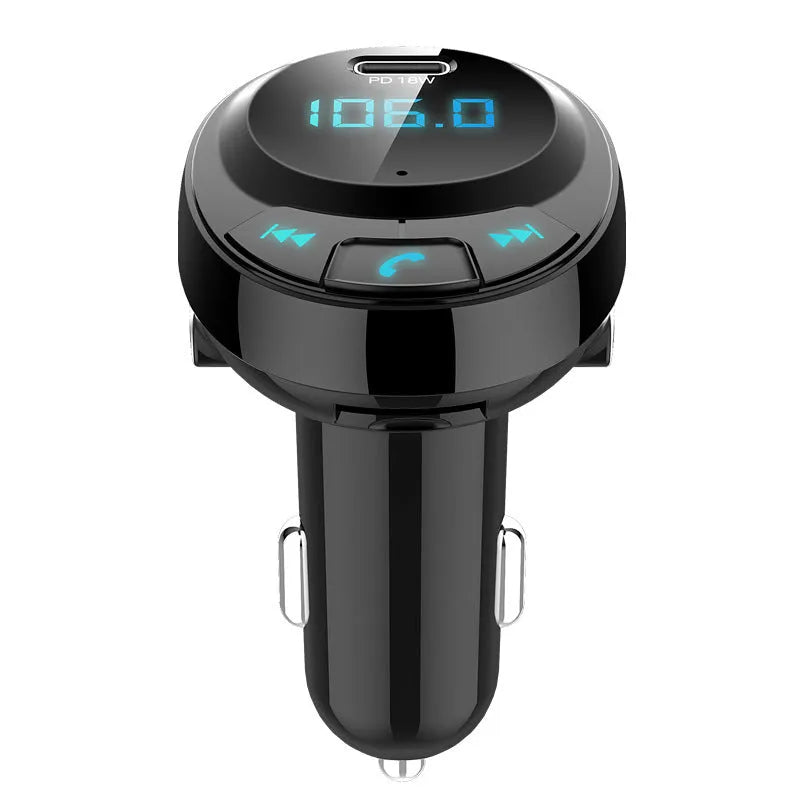 Black car Bluetooth MP3 charger with digital display and dual USB ports for vehicle use