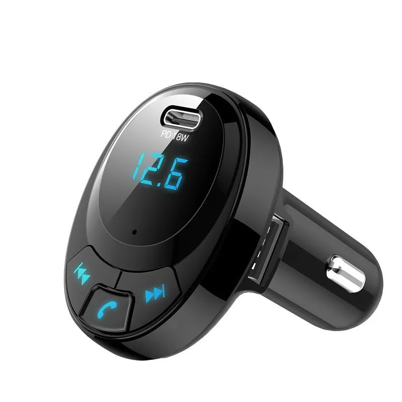 Black car Bluetooth MP3 charger with digital display and dual USB ports for vehicle use