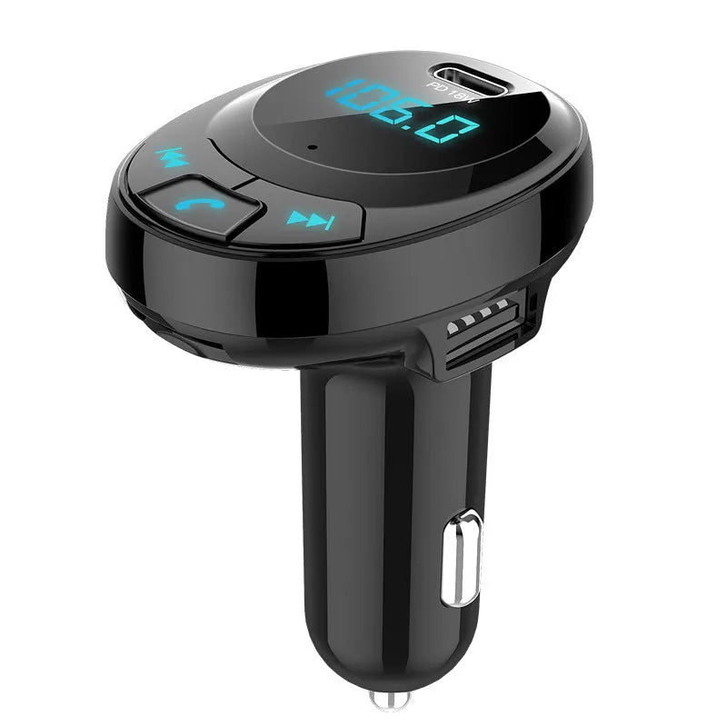 Black car Bluetooth MP3 charger with digital display and dual USB ports for vehicle use