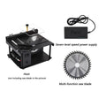 Black miniature precision table saw with sliding table and 110mm blade for woodworking.
