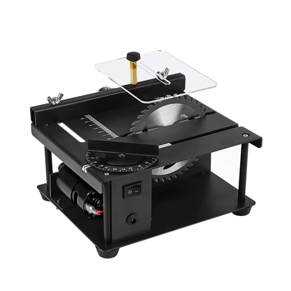 Black miniature precision table saw with sliding table and 110mm blade for woodworking.