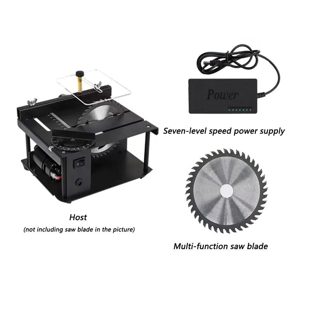 Black miniature precision table saw with sliding table and 110mm blade for woodworking.
