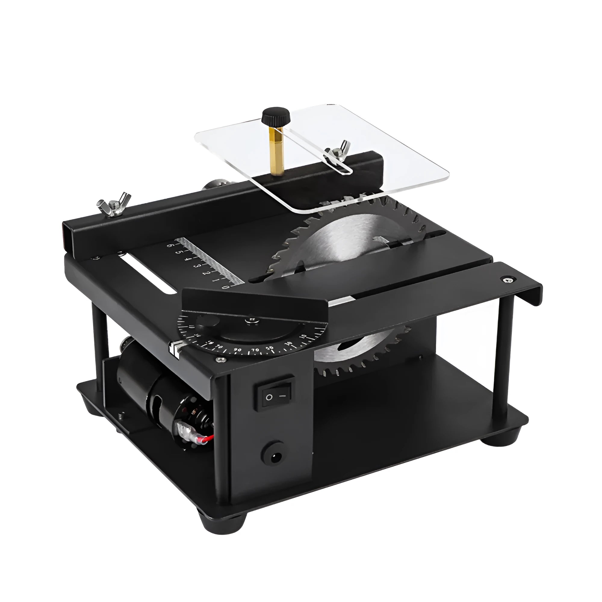 Black miniature precision table saw with sliding table and 110mm blade for woodworking.