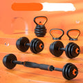 10kg adjustable detachable dumbbell set with PE plates, two dumbbell bars, barbell connector, and kettlebell handle