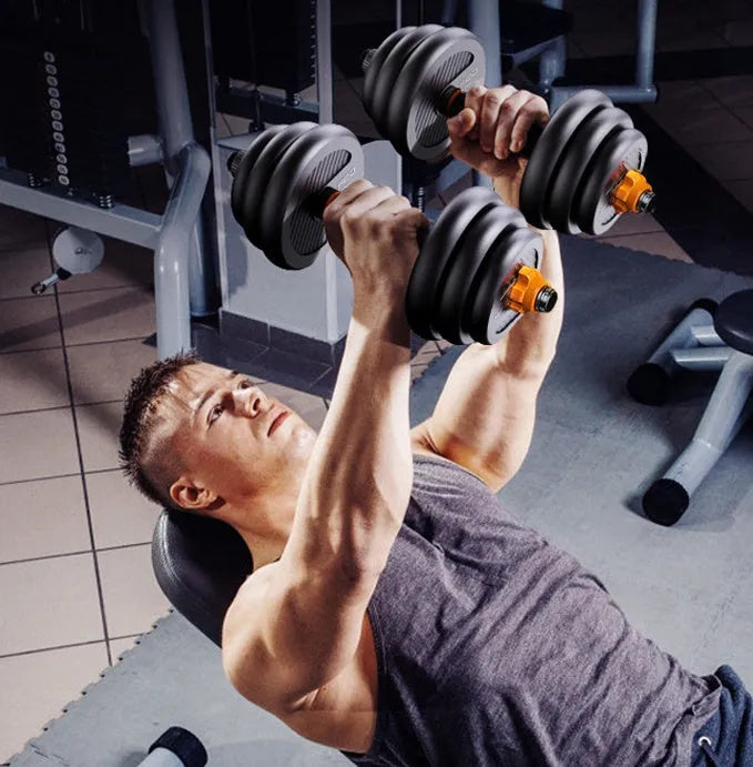 10kg adjustable detachable dumbbell set with PE plates, two dumbbell bars, barbell connector, and kettlebell handle