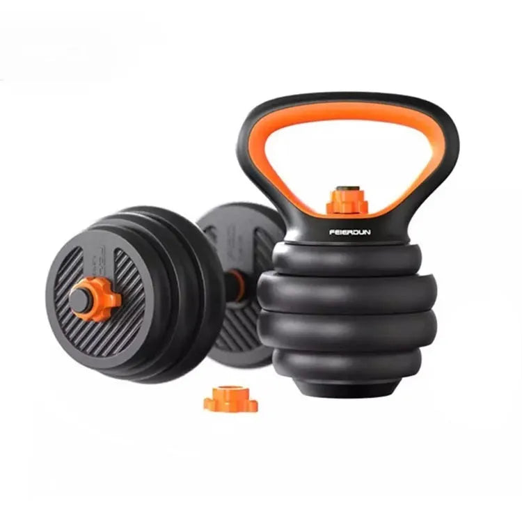 10kg adjustable detachable dumbbell set with PE plates, two dumbbell bars, barbell connector, and kettlebell handle