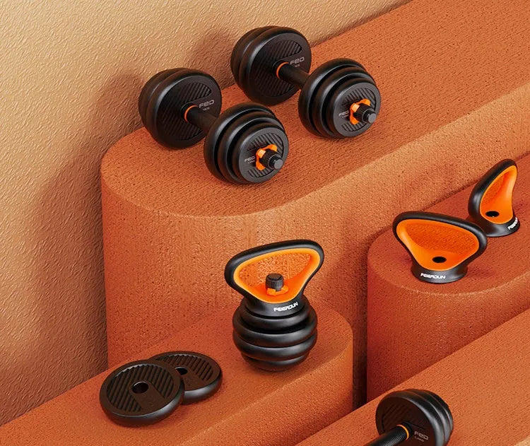 10kg adjustable detachable dumbbell set with PE plates, two dumbbell bars, barbell connector, and kettlebell handle