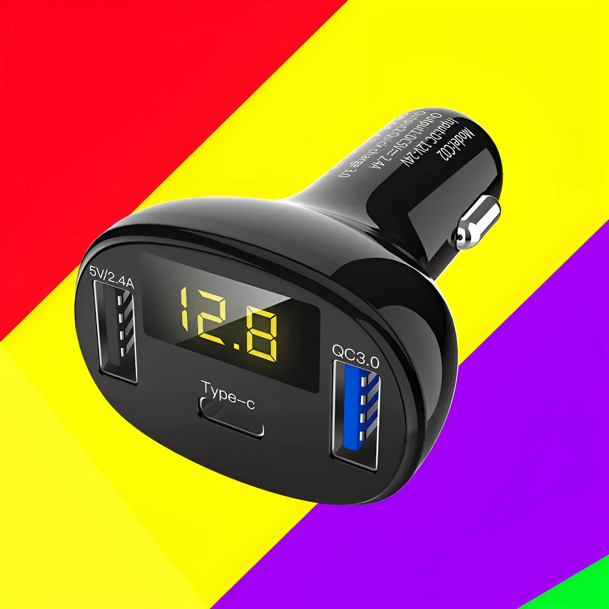 C02 digital display car charger in black ABS casing with single USB port