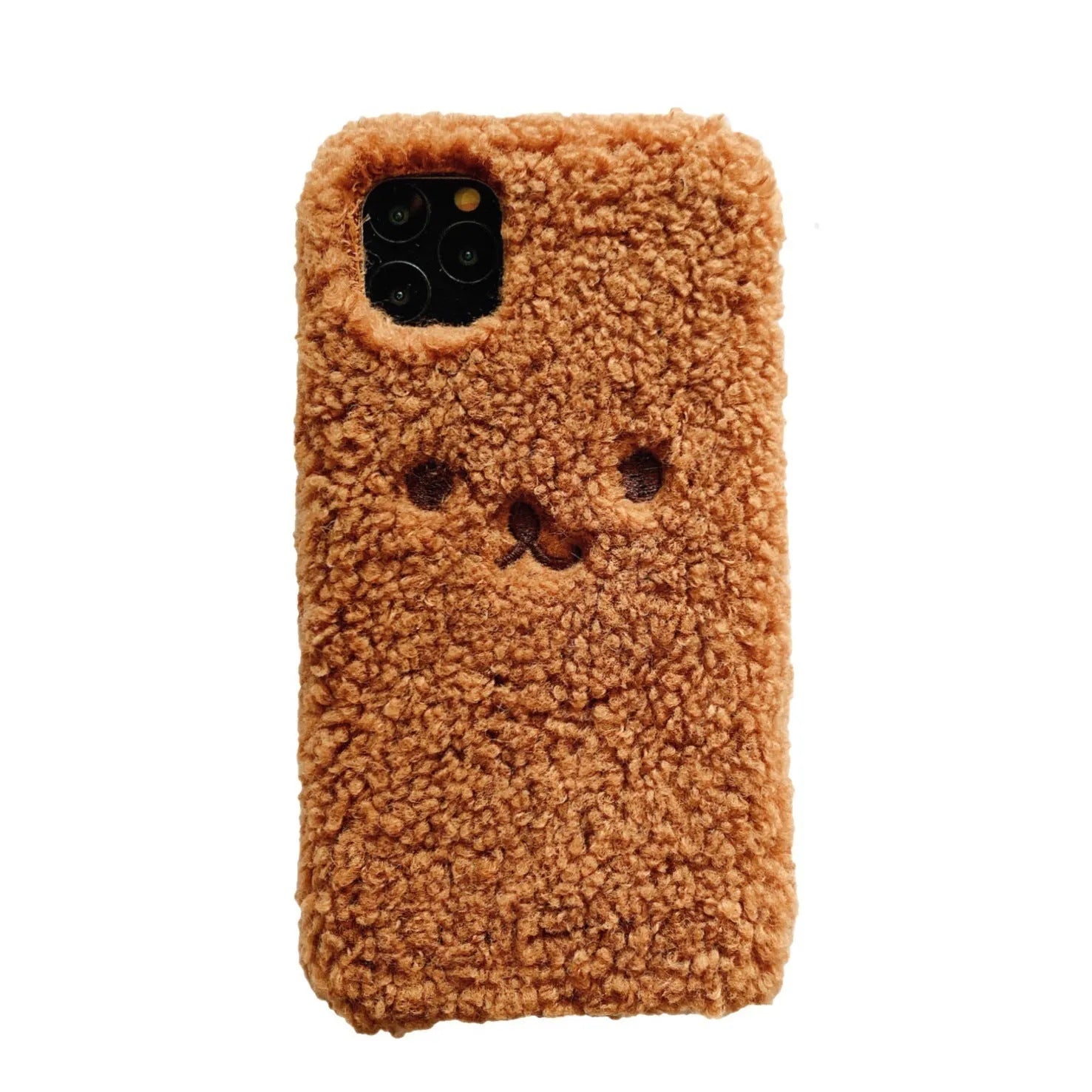 Brown and white embroidery plush cartoon bear face design on a flexible TPU iPhone case.