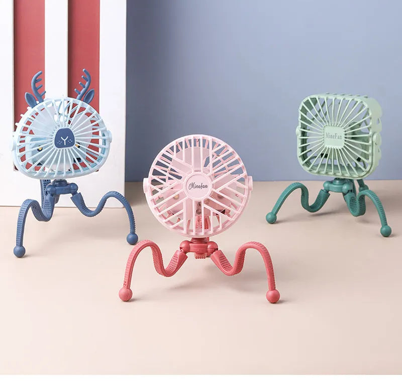 Pink portable stroller fan with octopus design, flexible clip, and LED night light