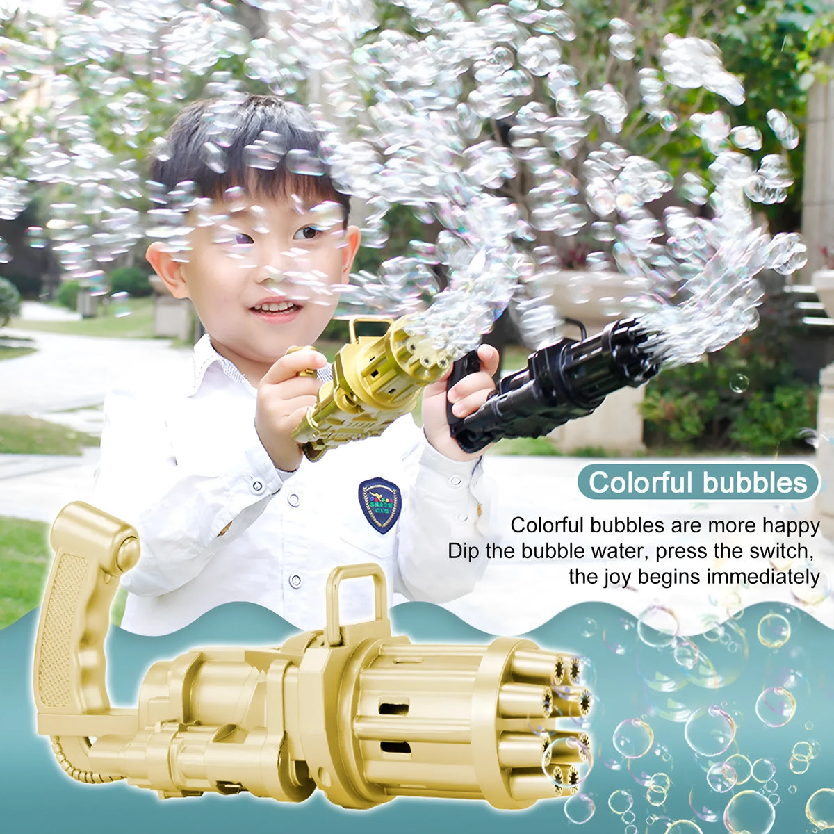 Kids bubble machine toy in pink, gold or black with battery compartment and trigger mechanism