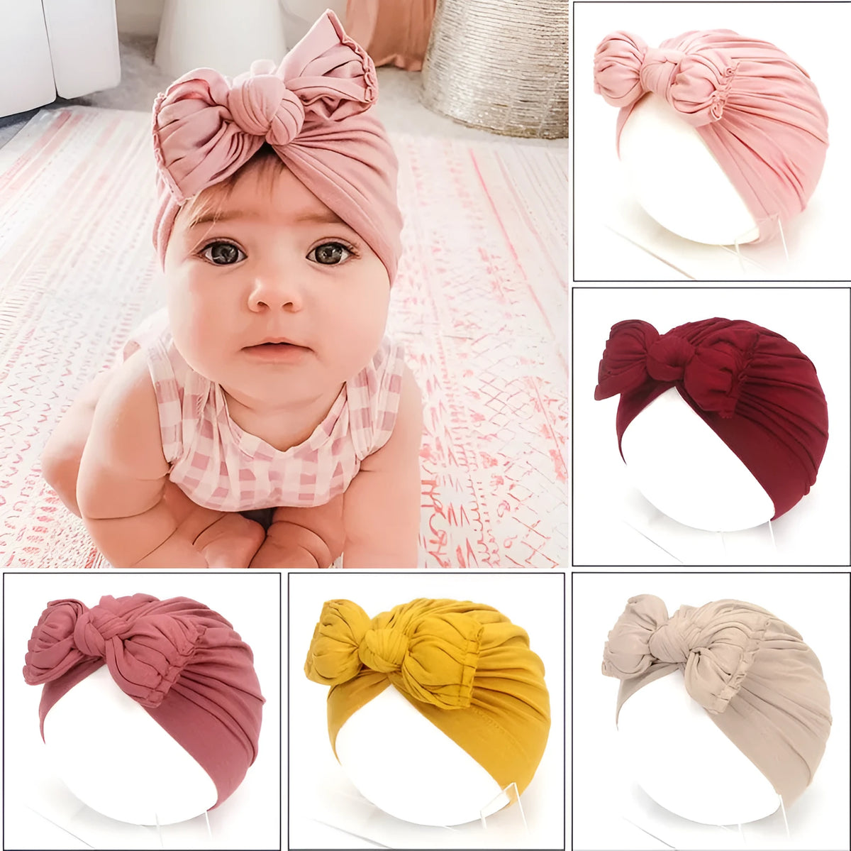 Soft knitted acrylic baby bonnet headwrap for girls in a range of candy colours, fitting 0-28 months.