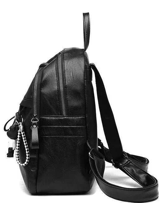 Soft black PU leather backpack with double straps and zipper opening showing medium size and plain design