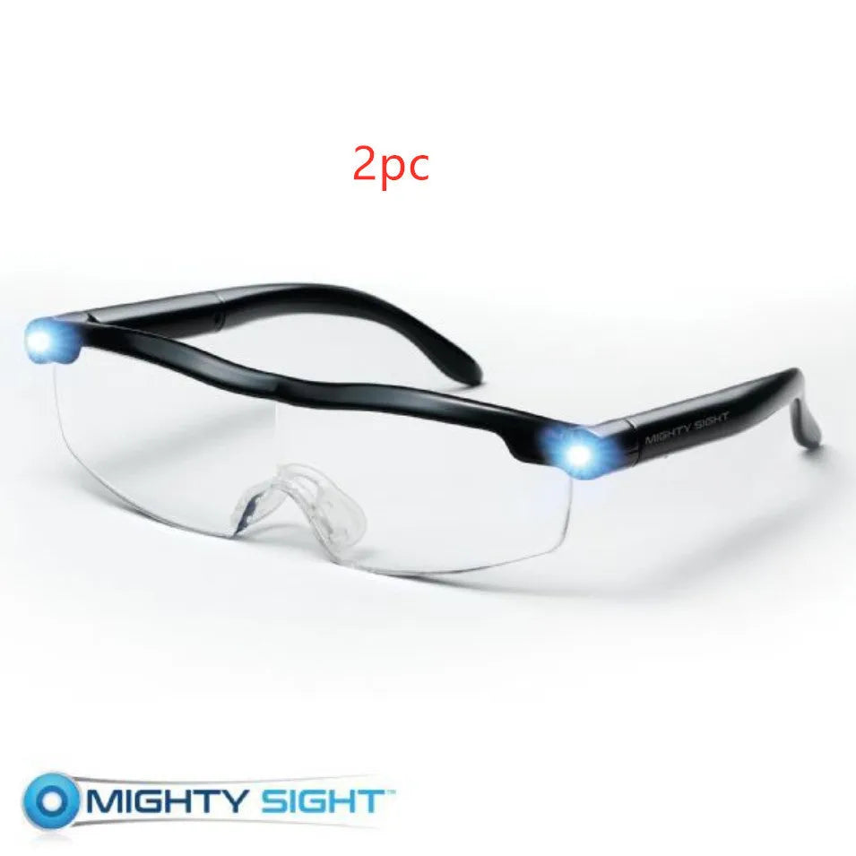 Transparent black USB LED reading glasses with integrated lighting, ABS frame, folded position