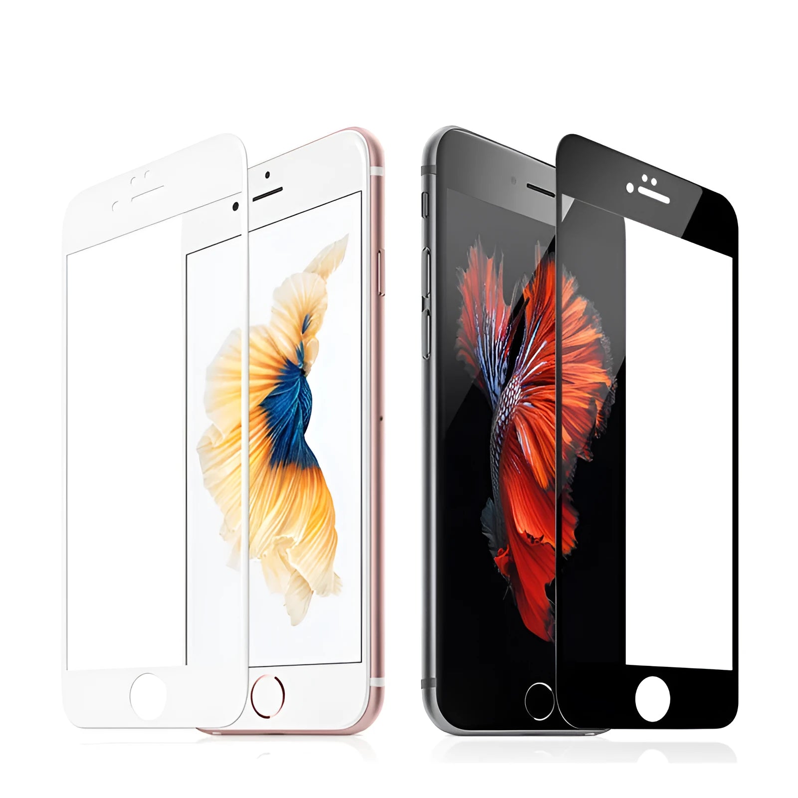 Three-piece pack of full screen tempered glass screen protectors for iPhone 6, 7, and 8 models on a white background.