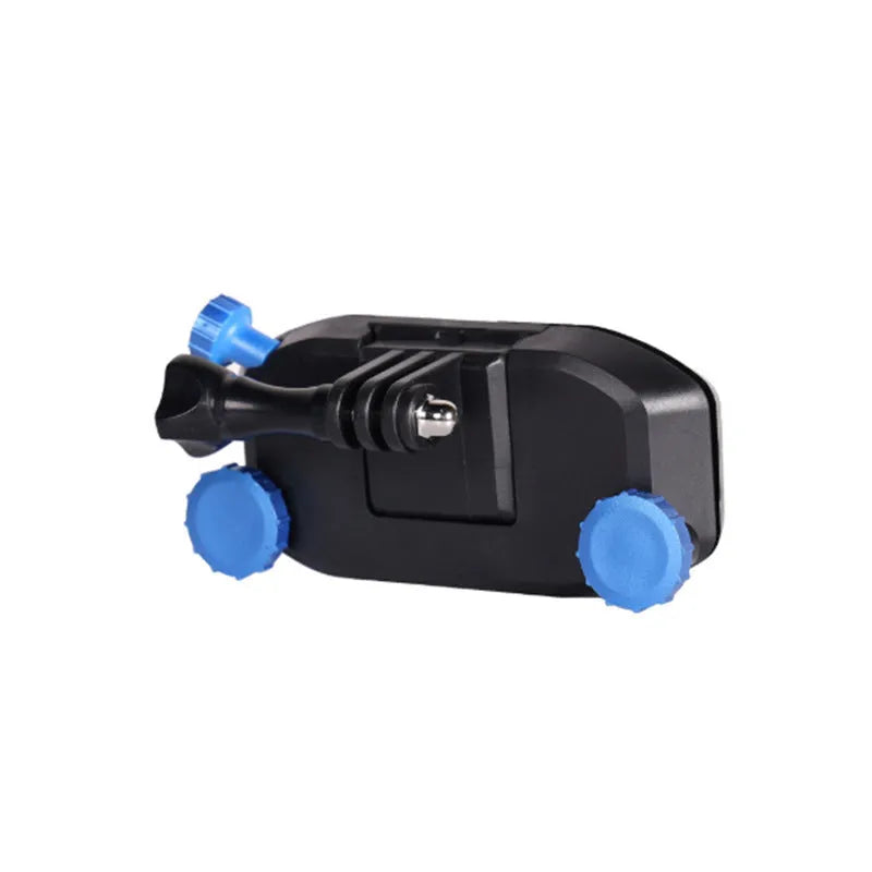 Blue plastic shoulder strap buckle clip for mounting a sports camera to a backpack.