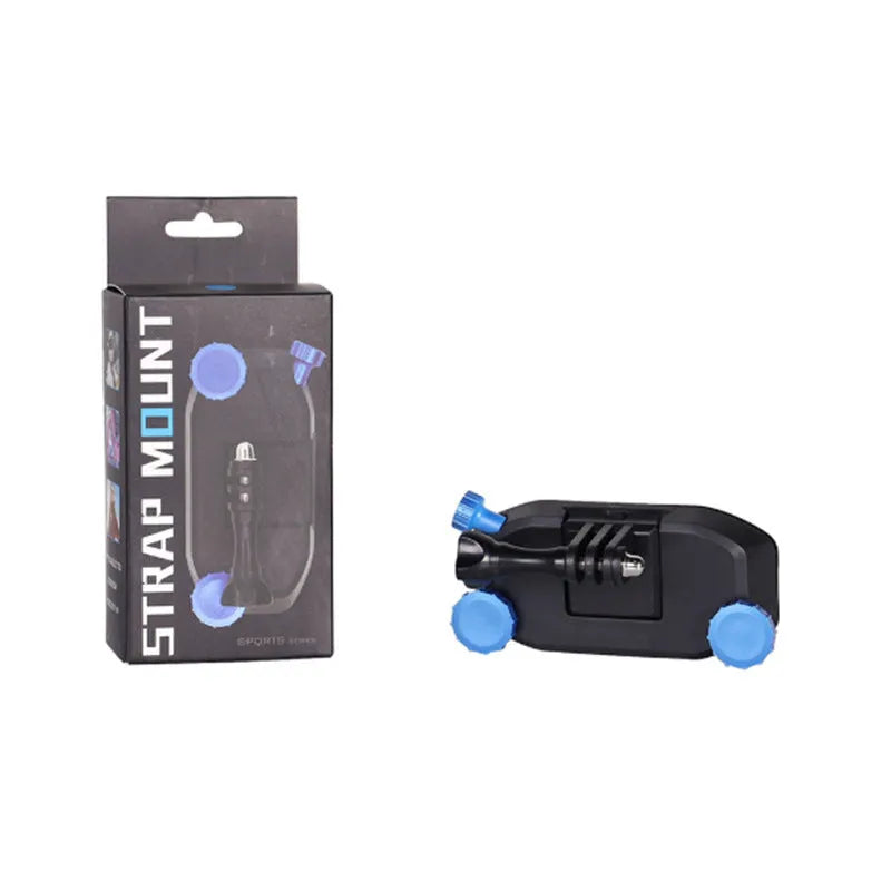 Blue plastic shoulder strap buckle clip for mounting a sports camera to a backpack.