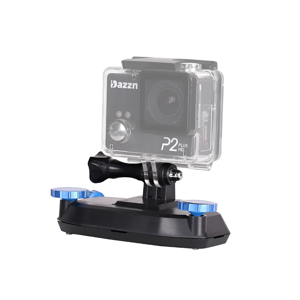 Blue plastic shoulder strap buckle clip for mounting a sports camera to a backpack.