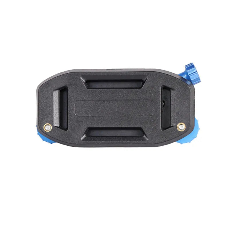 Blue plastic shoulder strap buckle clip for mounting a sports camera to a backpack.