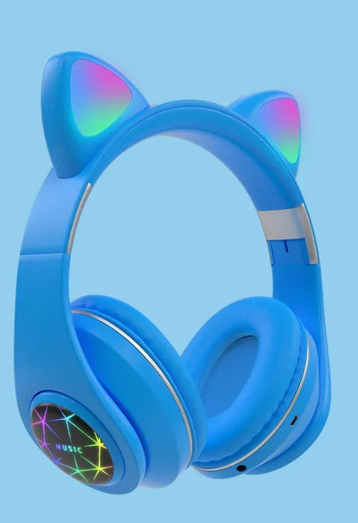 Colourful wireless Bluetooth headset with decorative cat ears on a headband.