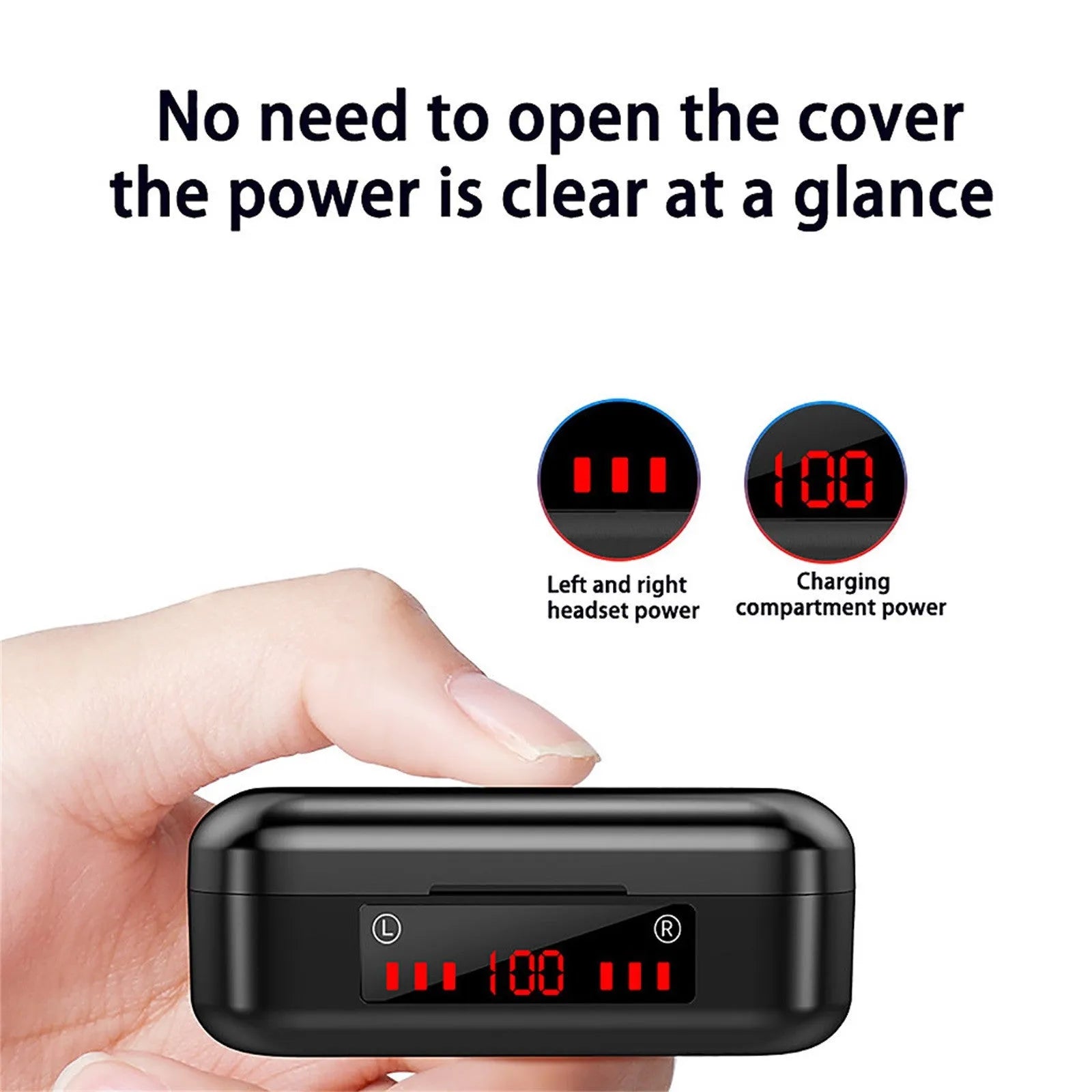 Wireless Bluetooth TWS earbuds with LED button display and three different ear cap sizes
