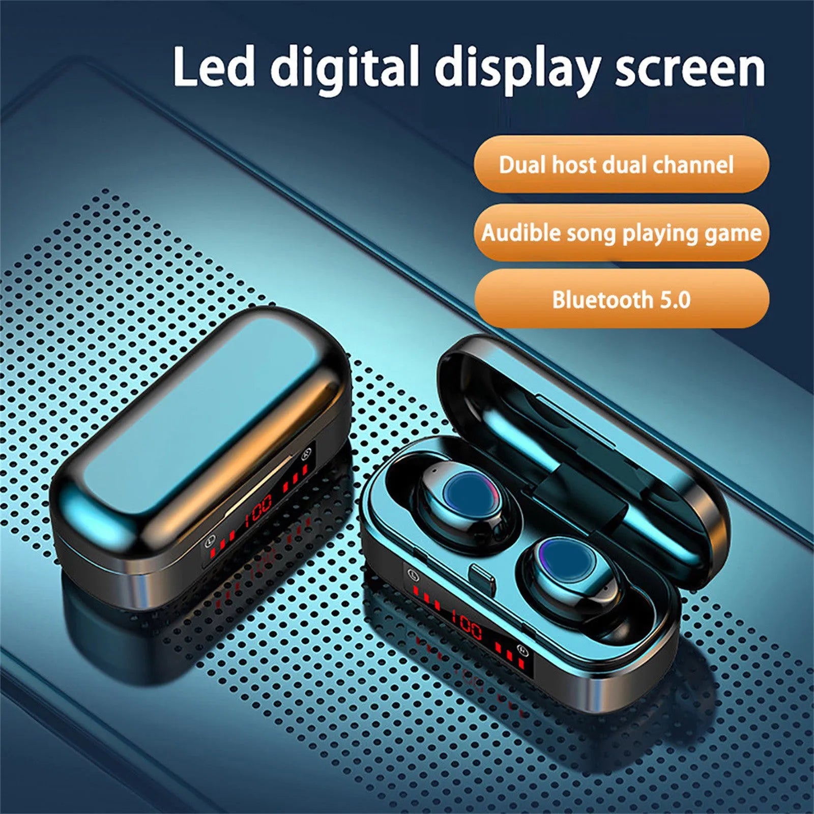Wireless Bluetooth TWS earbuds with LED button display and three different ear cap sizes