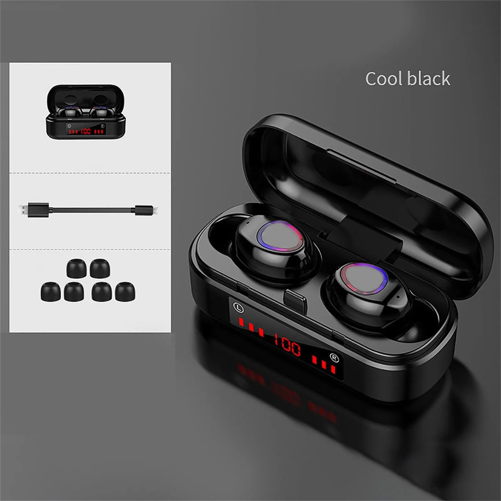 Wireless Bluetooth TWS earbuds with LED button display and three different ear cap sizes
