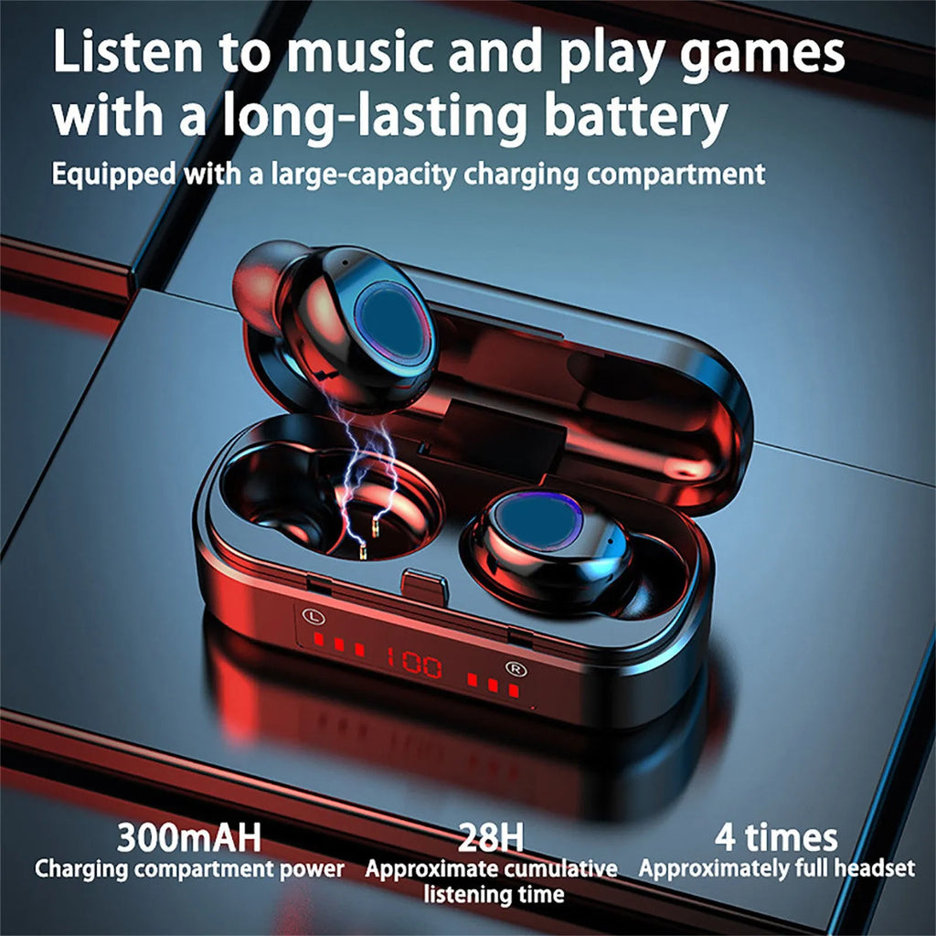 Wireless Bluetooth TWS earbuds with LED button display and three different ear cap sizes