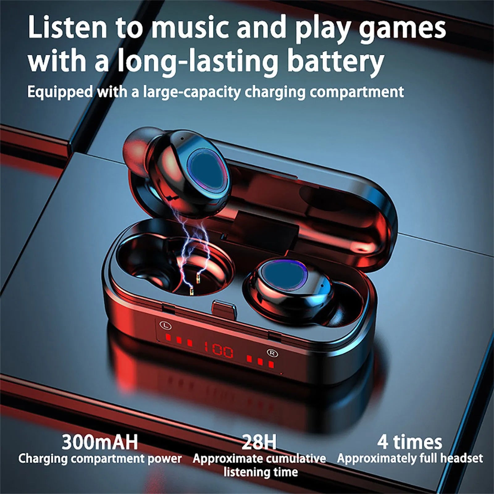 Wireless Bluetooth TWS earbuds with LED button display and three different ear cap sizes